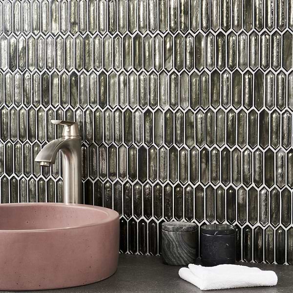 Komorebi Picket Rainforest Dew Gray 1x3 Polished Glass Mosaic Tile