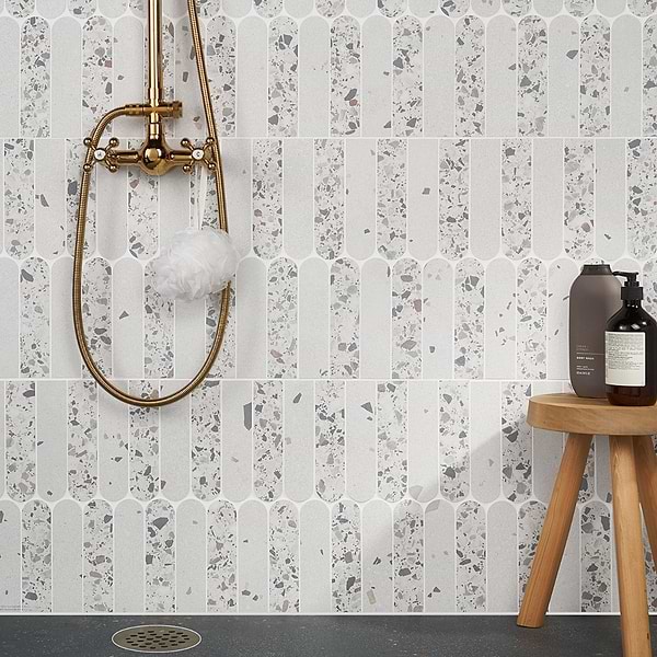 Kobe Fin Ice White 2x8 Terrazzo Look Matte Porcelain Mosaic Tile