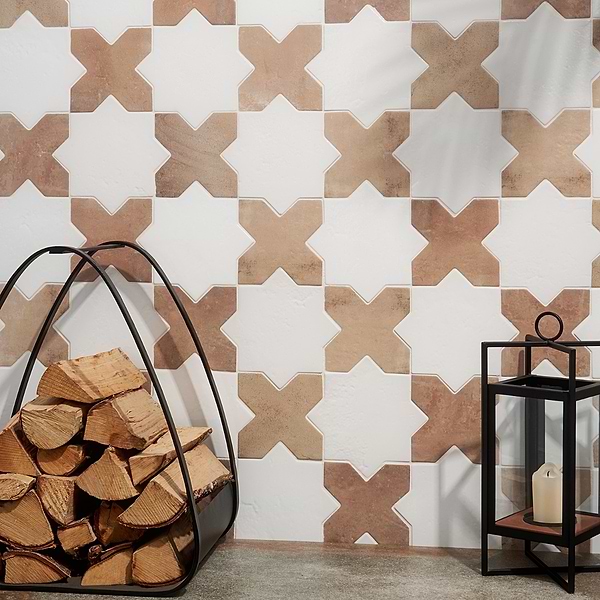 Parma White Polished Star and Cotto Brown Matte Cross 6" Terracotta Porcelain Tile