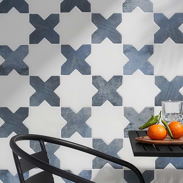Parma White Polished Star and Denim Blue Matte Cross 6" Terracotta Look Porcelain Tile