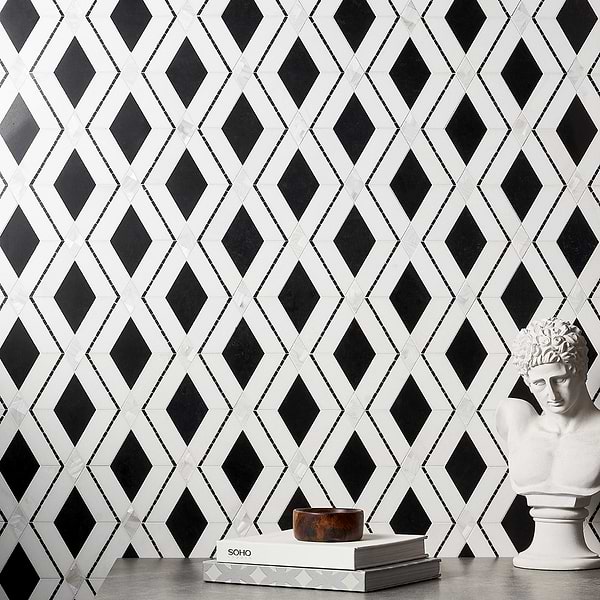 Diana Nero Black & White Polished Marble and Pearl Mosaic Tile