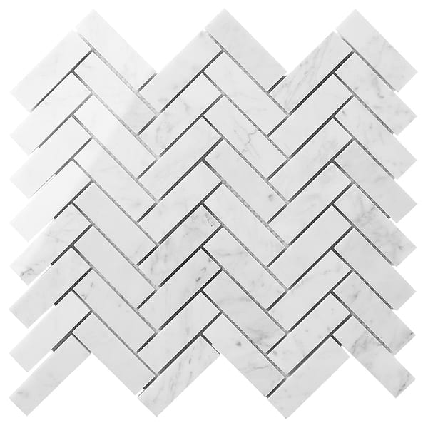 Bianco Carrara 1x3 Herringbone Polished Marble Mosaic Tile in White, View 6, open zoomed image