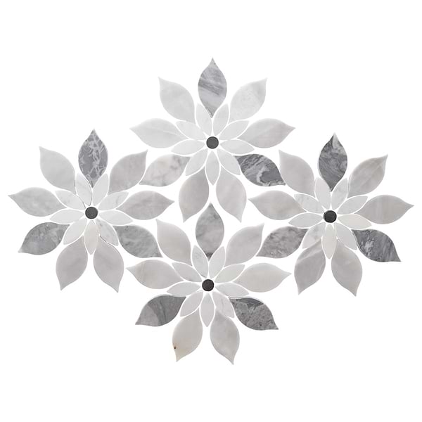 Wildflower Bardiglio and Bianco Carrara Polished Marble Mosaic Tile; in White, Black, Gray Bardiglio Nouvelato, White Carrara with Black Jade Dot image 6; for Backsplash, Bathroom Floor, Bathroom Wall, Commercial Floor, Floor Tile, Kitchen Floor, Kitchen Wall, Outdoor Floor, Outdoor Wall, Wall Tile; in Style Ideas Beach, Cottage, Mid Century, Transitional