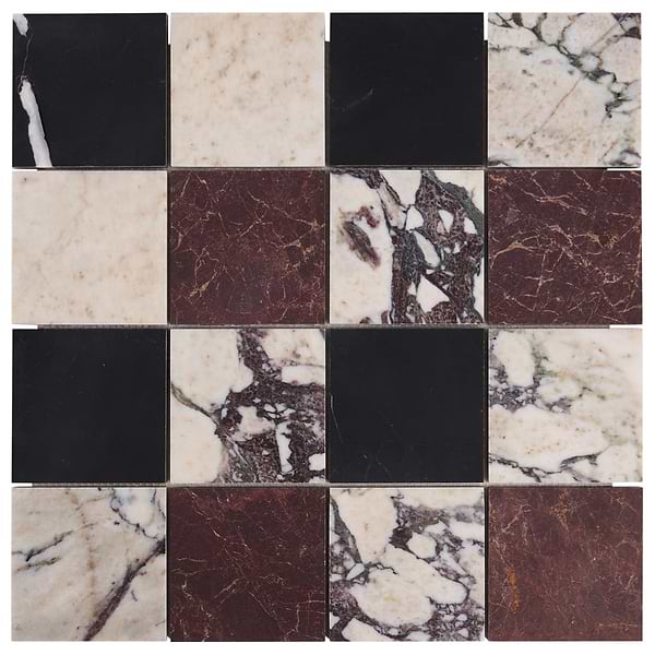 Calacatta Viola Premium and Red Bordeaux and Black 4x4 Honed Marble Checkerboard Mosaic Tile