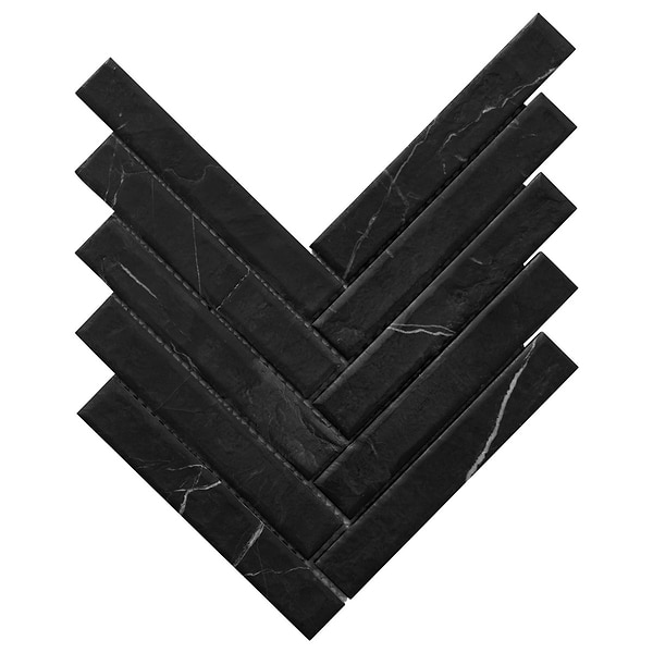Velour Nero Marquina 1x6 Herringbone Leather Marble Mosaic Tile in Black, White, View 6, open zoomed image