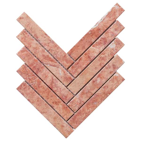 Velour Red Travertine 1x6 Herringbone Leather Marble Mosaic Tile in Red, View 6, open zoomed image