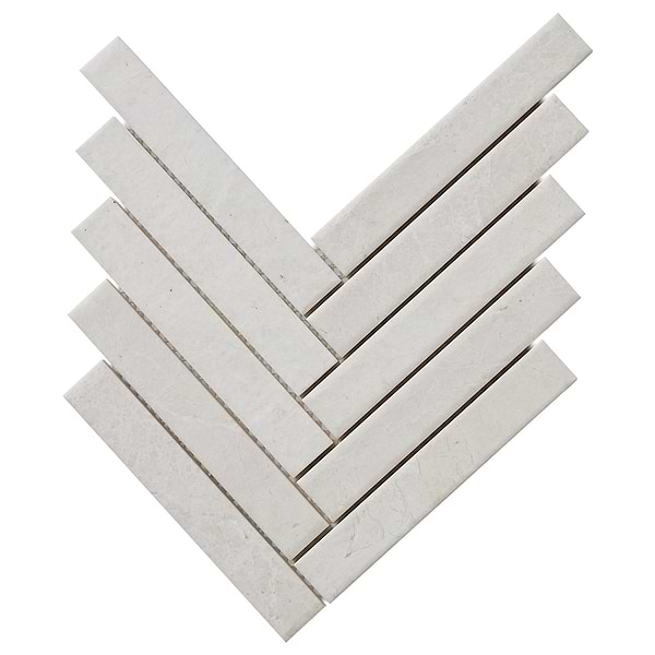 Velour Vanilla 1x6 Herringbone Leather Marble Mosaic Tile in Warm White, View 7, open zoomed image
