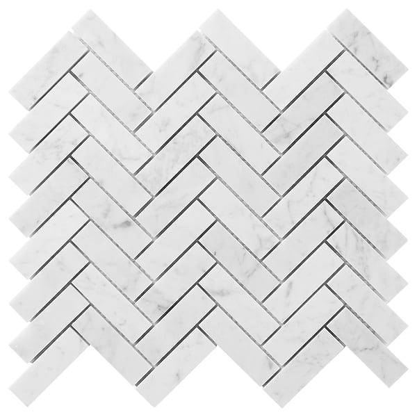 Bianco Carrara 1x3 Herringbone Honed Marble Mosaic Tile in White, View 6, open zoomed image
