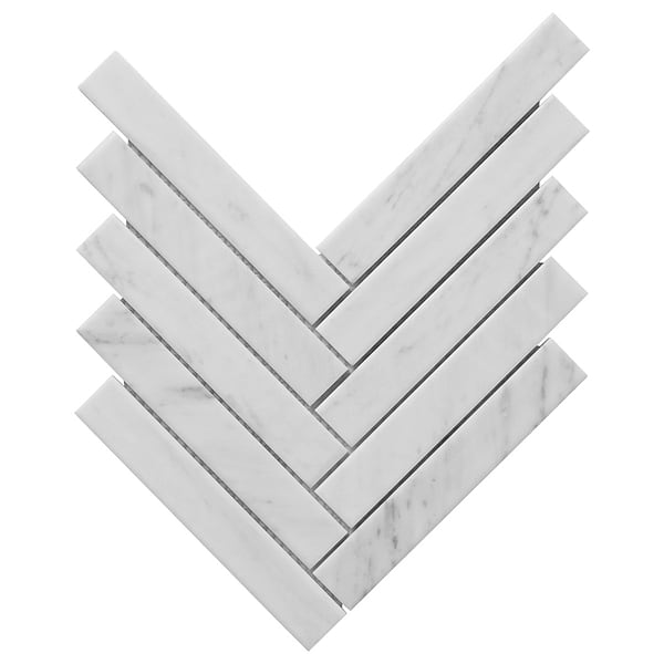 Velour Bianco Carrara 1x6 Herringbone Leather Marble Mosaic Tile in White, View 6, open zoomed image