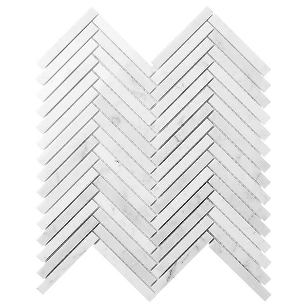 Bianco Carrara 1/2x4 Herringbone Polished Marble Mosaic Tile in White, View 7, open zoomed image