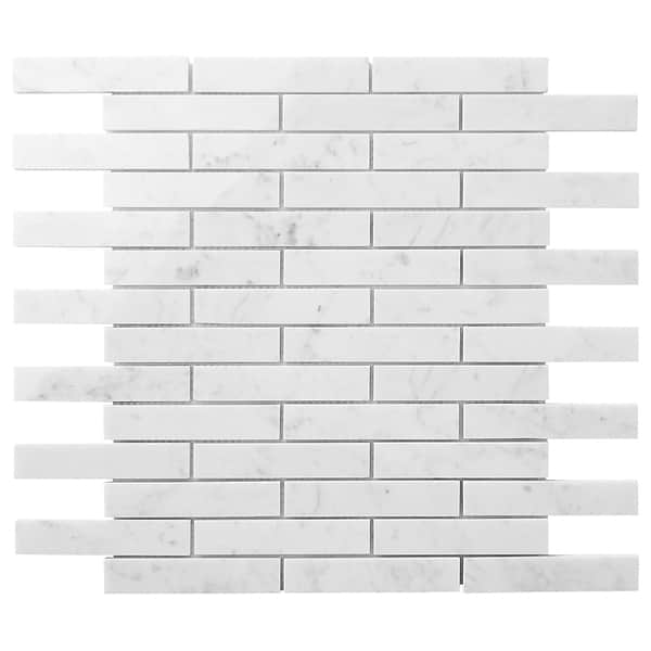 Bianco Carrara 1x4 Brick Polished Marble Mosaic Tile in White, View 6, open zoomed image