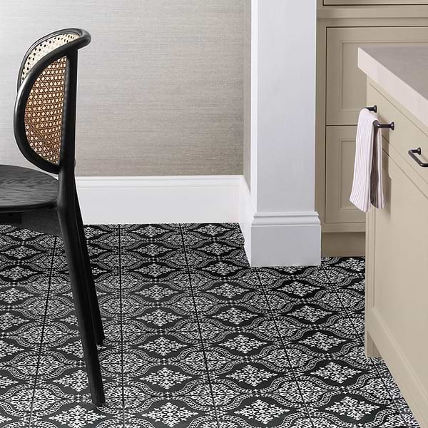 Elowynn Flora Midnight Black 8x8 Matte Porcelain Tile by Kravet in Black, White, View 6, open zoomed image