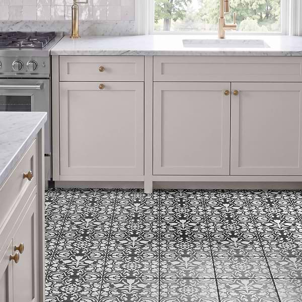 Elowynn Haven & Belle Midnight Black 8x8 Matte Porcelain Tile by Kravet in Green, White, View 6, open zoomed image
