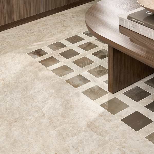 Grand Taj Mahal Cleo Dark Brown and Beige Polished Porcelain Mosaic Tile in Brown, Beige, View 5, open zoomed image