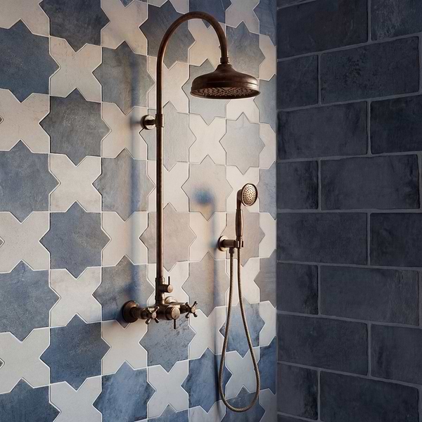 Parma Denim Blue Matte Star and White Matte Cross 6" Terracotta Look Porcelain Tile