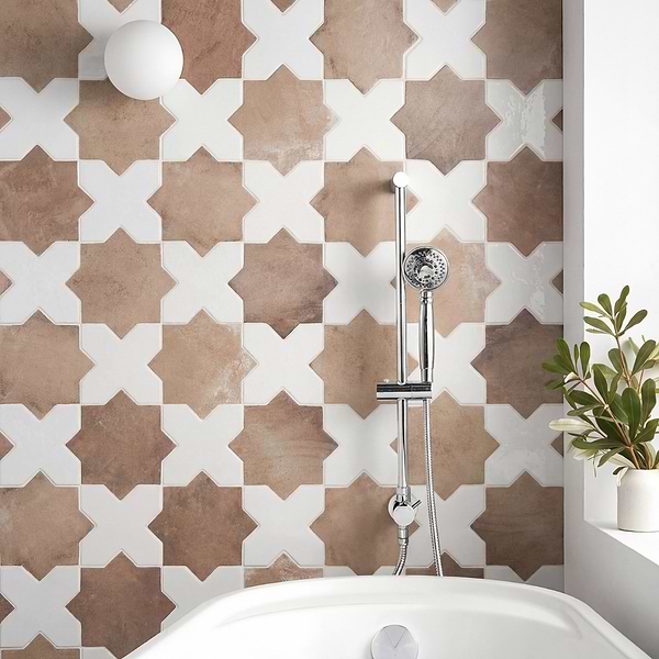 Parma Cotto Brown Matte Star and White Polished Cross 6" Terracotta Look Porcelain Tile