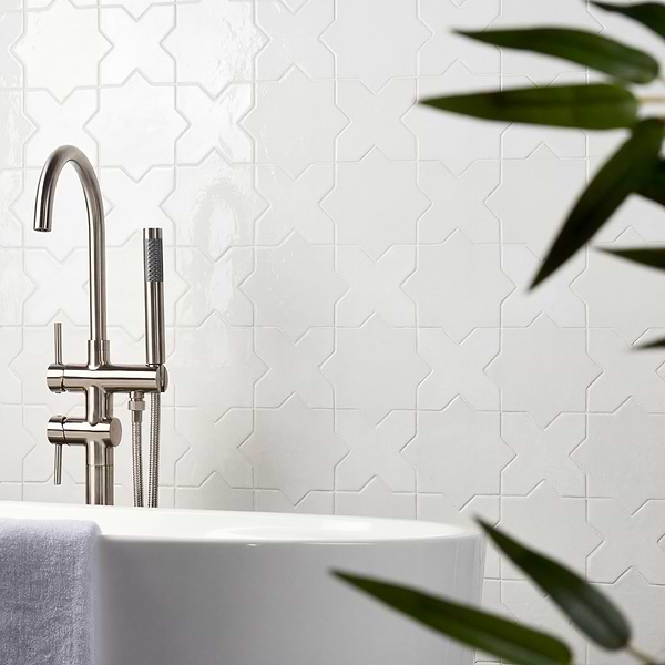 Parma White Polished Star and White Polished Cross 6" Terracotta Look Porcelain Tile
