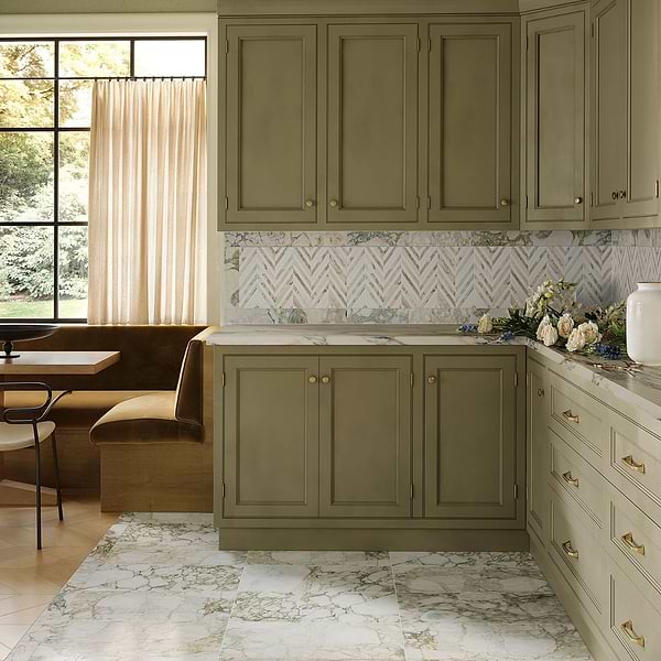 Calacatta Verde Premium and Bianco Dolomite 3x9 Chevron Honed Marble Mosaic Tile