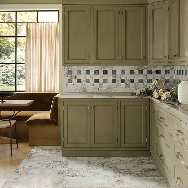 Calacatta Verde Premium and Glacier White and Tia Verde 4x4 Honed Marble Mosaic Tile