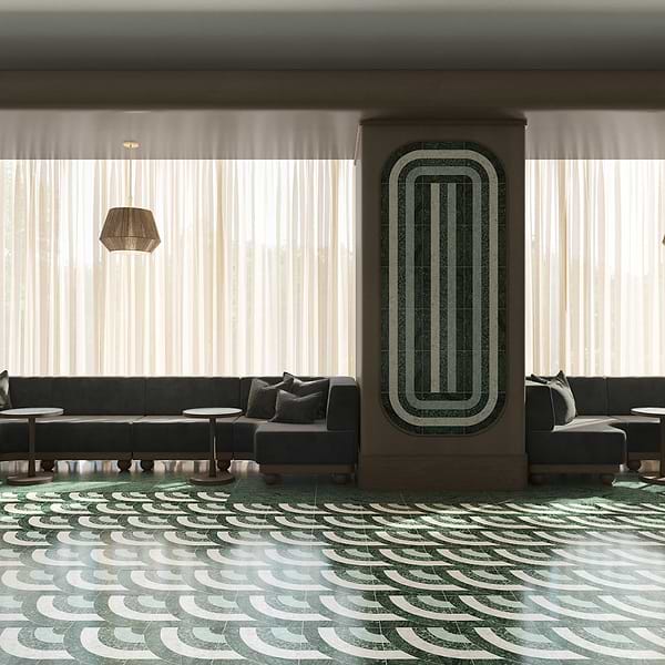 Elizabeth Sutton Arc Vertical Fish Scale Forest Green 12x12 Honed Marble and Terrazzo Mosaic Tile