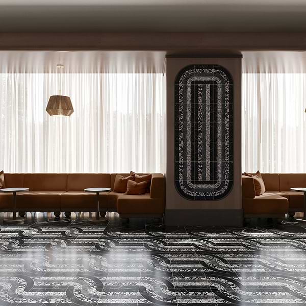 Elizabeth Sutton Arc Interlock Noir Black & White 12x12 Honed Marble and Terrazzo Mosaic Tile