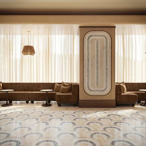 Elizabeth Sutton Arc Offset Semi-Circle Desert Beige 12x12 Honed Marble and Terrazzo Mosaic Tile