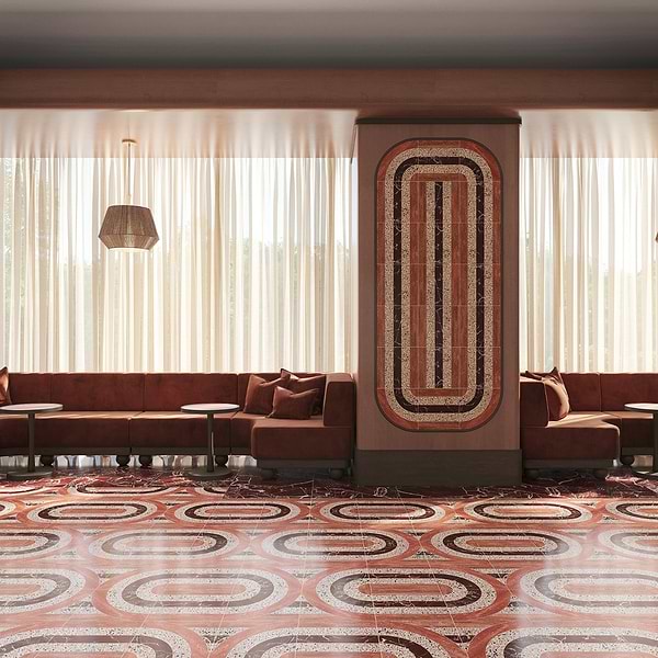 Elizabeth Sutton Arc Oval Canyon Terracotta 12x12 Honed Marble and Terrazzo Mosaic Tile