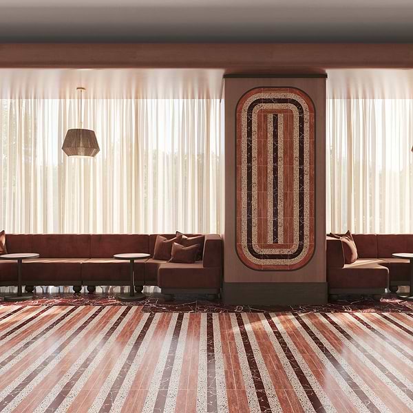 Elizabeth Sutton Arc Stripes Canyon Terracotta 12x12 Honed Marble and Terrazzo Mosaic Tile