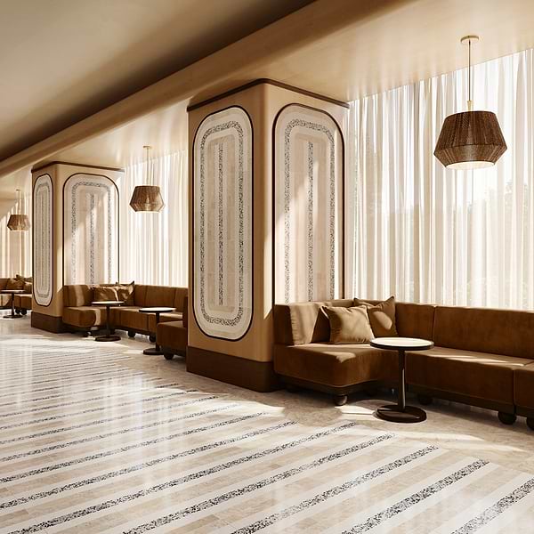 Elizabeth Sutton Arc Linear Desert Beige 12x12 Honed Marble and Terrazzo Mosaic Tile