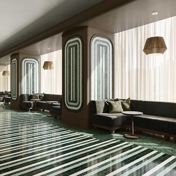 Elizabeth Sutton Arc Linear Forest Green 12x12 Honed Marble and Terrazzo Mosaic Tile