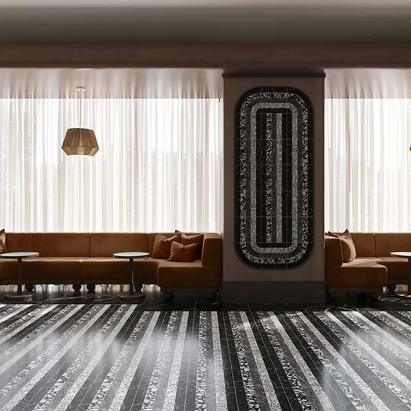 Elizabeth Sutton Arc Linear Noir Black & White 12x12 Honed Marble and Terrazzo Mosaic Tile