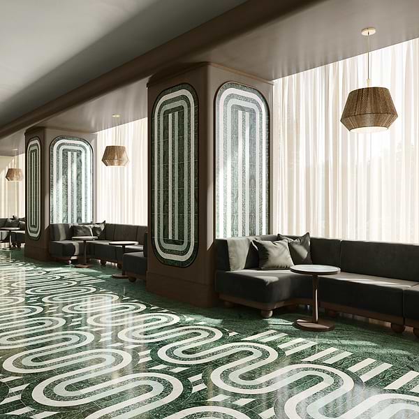 Elizabeth Sutton Arc Wave Forest Green 12x12 Honed Marble and Terrazzo Mosaic Tile