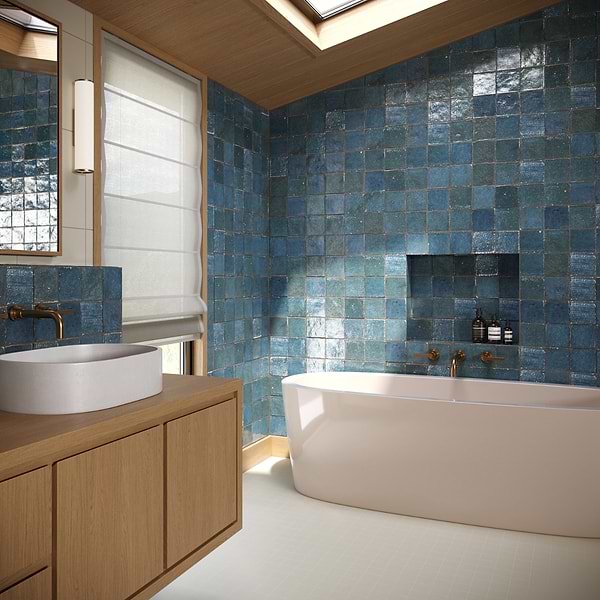Terra Ember Teal Blue 4x4 Handmade Metallic Crackled Glossy Terracotta Tile in Teal, Blue, View 6, open zoomed image