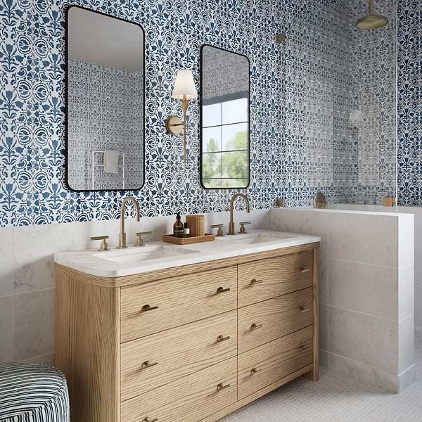 Elowynn Belle Cove White 8x8 Matte Porcelain Tile by Kravet in Blue, White, View 6, open zoomed image