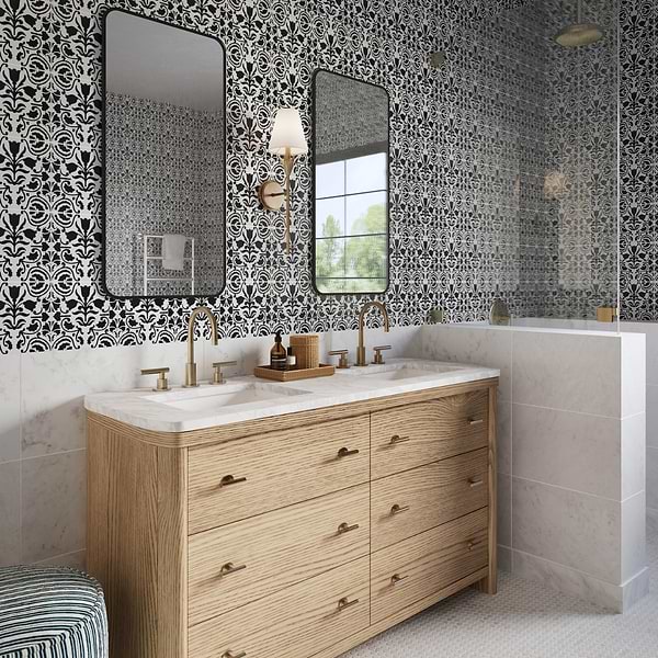 Elowynn Belle Eclipse White 8x8 Matte Porcelain Tile by Kravet in Black, White, View 6, open zoomed image