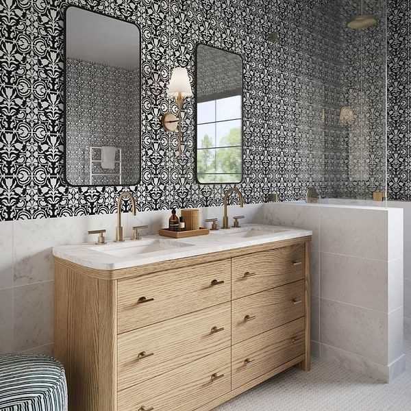 Elowynn Belle Midnight Black 8x8 Matte Porcelain Tile by Kravet in Black, White, View 6, open zoomed image