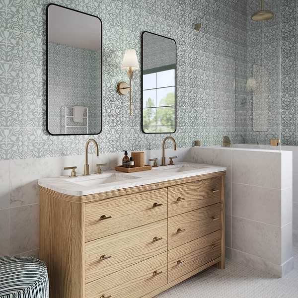 Elowynn Belle Seafoam Green 8x8 Matte Porcelain Tile by Kravet in Green, White, View 6, open zoomed image