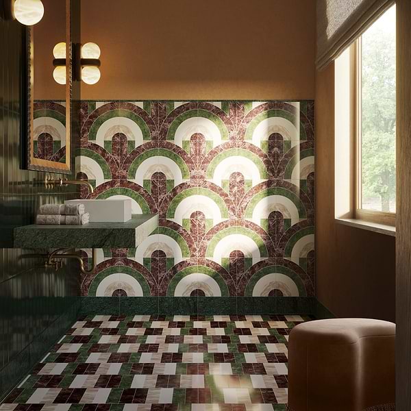 Elizabeth Sutton Arc Offset Semi-Circle Rainbow Multicolor 12x12 Polished Marble Mosaic Tile