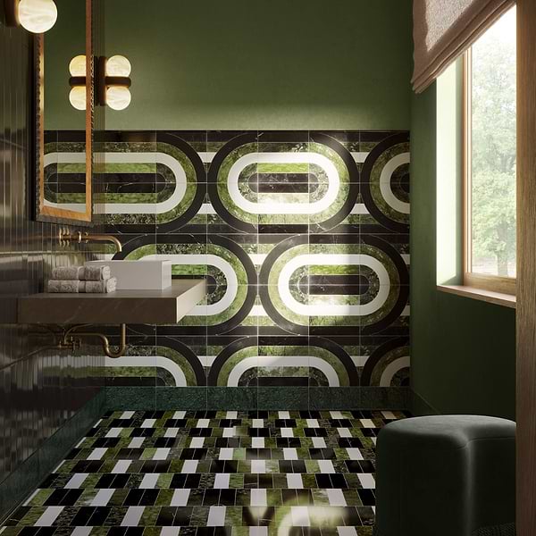 Elizabeth Sutton Arc Oval Soul Green & Black 12x12 Polished Marble Mosaic Tile