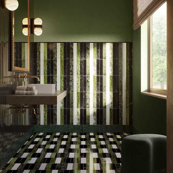 Elizabeth Sutton Arc Linear Soul Green & Black 12x12 Polished Marble Mosaic Tile