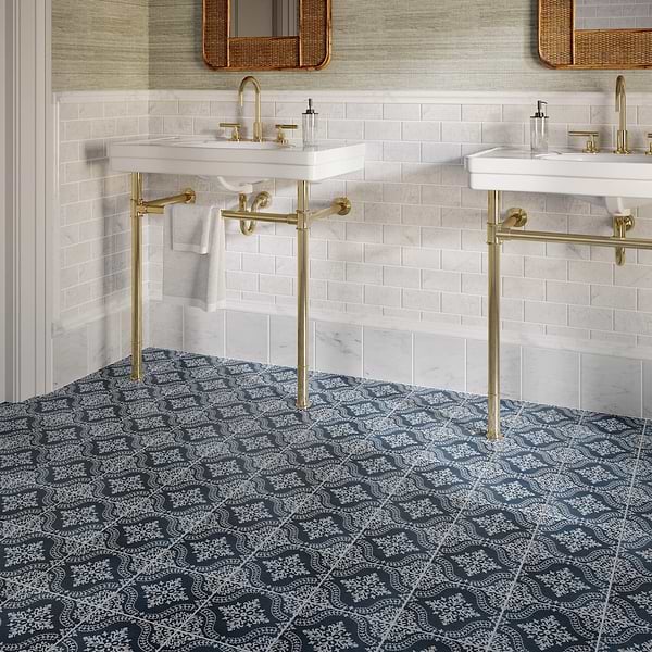Elowynn Flora Marina Blue 8x8 Matte Porcelain Tile by Kravet in Blue, White, View 6, open zoomed image