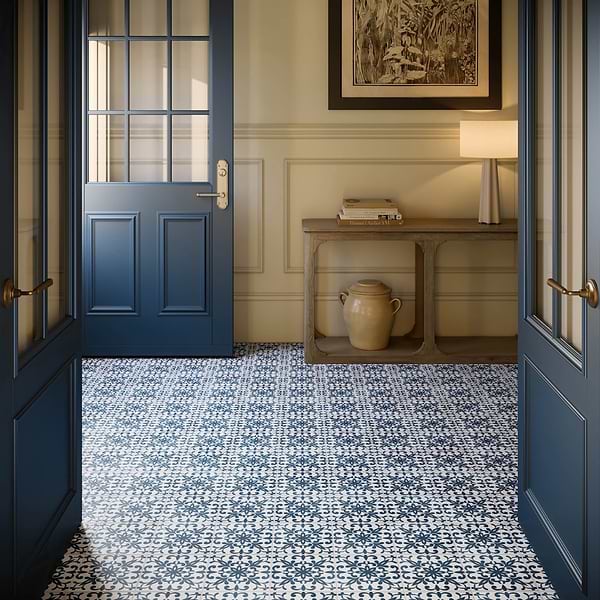 Elowynn Medallion Cove White 8x8 Matte Porcelain Tile by Kravet in Blue, White, View 6, open zoomed image