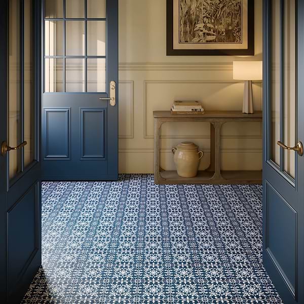 Elowynn Medallion Marina Blue 8x8 Matte Porcelain Tile by Kravet in Blue, White, View 6, open zoomed image