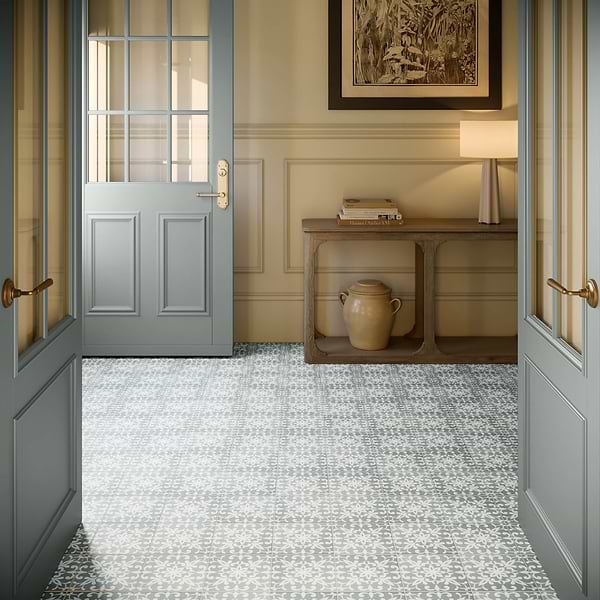 Elowynn Medallion Seafoam Green 8x8 Matte Porcelain Tile by Kravet in Green, White, View 6, open zoomed image