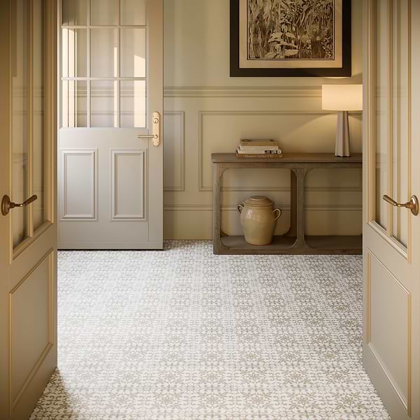 Elowynn Medallion Shell White 8x8 Matte Porcelain Tile by Kravet in Beige & Cream, View 6, open zoomed image