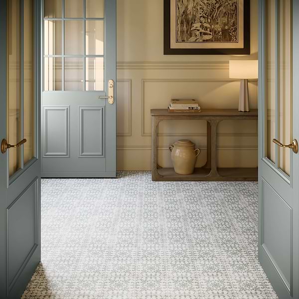 Elowynn Medallion Salt White 8x8 Matte Porcelain Tile by Kravet in Green, White, View 6, open zoomed image