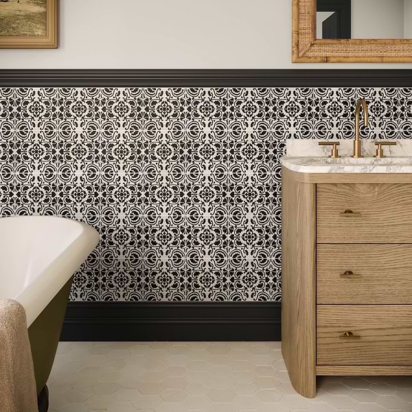 Elowynn Haven Eclipse White 8x8 Matte Porcelain Tile by Kravet in Black, White, View 6, open zoomed image