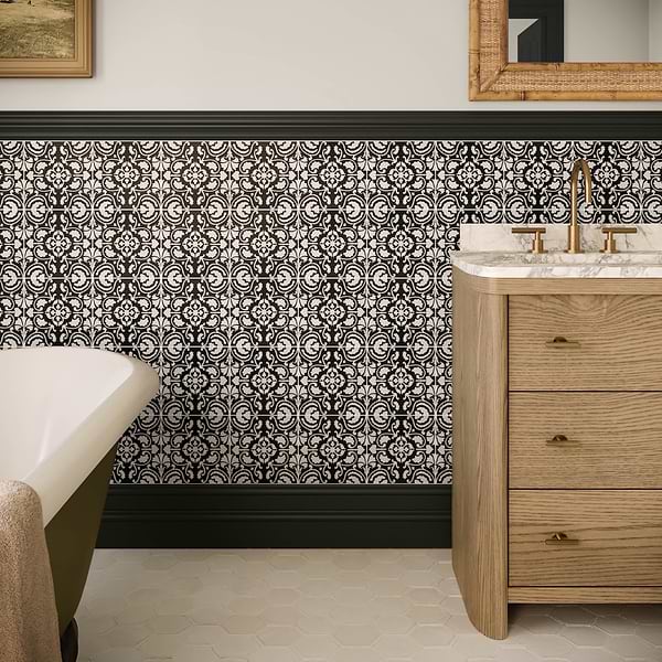 Elowynn Haven Midnight Black 8x8 Matte Porcelain Tile by Kravet in Black, White, View 6, open zoomed image