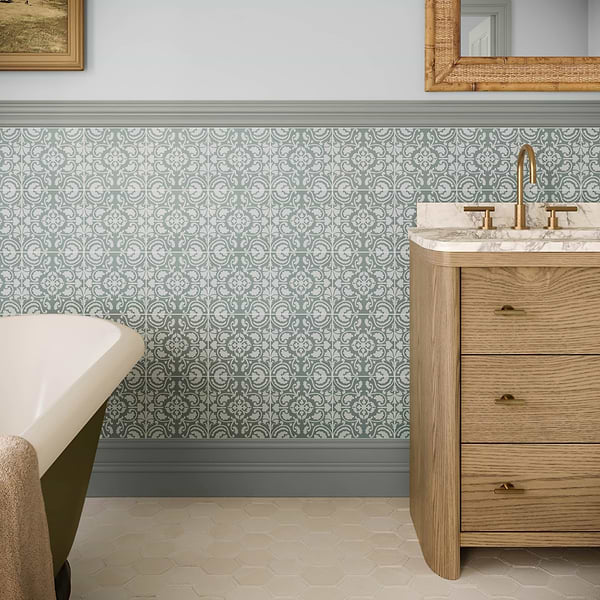 Elowynn Haven Seafoam Green 8x8 Matte Porcelain Tile by Kravet in Green, White, View 6, open zoomed image