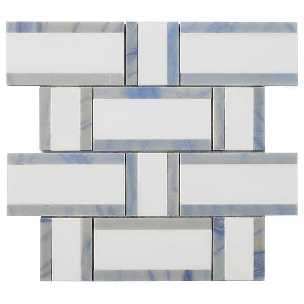 Esplanade Thassos and Blue Macauba Polished Marble Mosaic Tile; in White, Blue Thassos, Blue Macauba image 6; for Backsplash, Bathroom Floor, Bathroom Wall, Commercial Floor, Floor Tile, Kitchen Floor, Kitchen Wall, Outdoor Floor, Outdoor Wall, Shower Floor, Shower Wall, Wall Tile; in Style Ideas Classic, Cottage, Farmhouse, Transitional